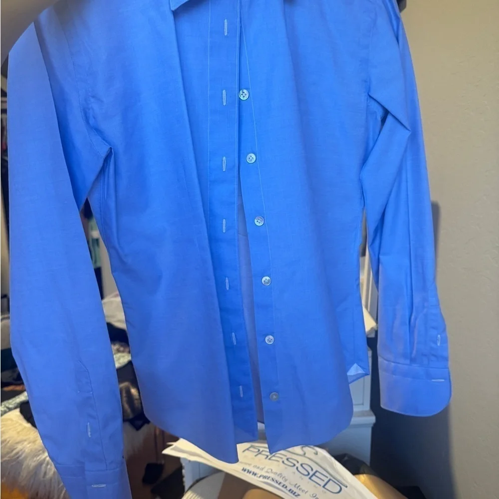 FInamore 1925 AUTHENTIC Tailored Blue Dress Shirt with Pointed Collar. Size 44